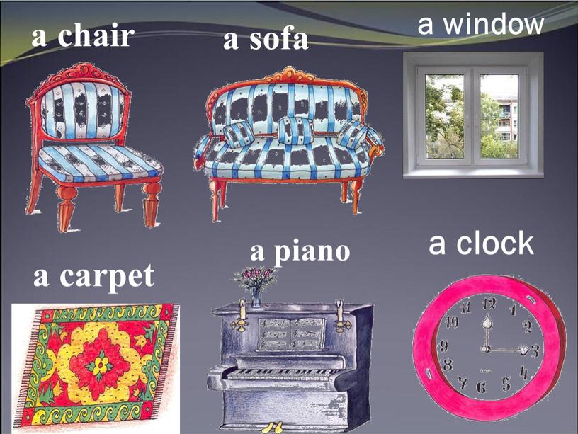 a chair a sofa a window a carpet a piano a clock