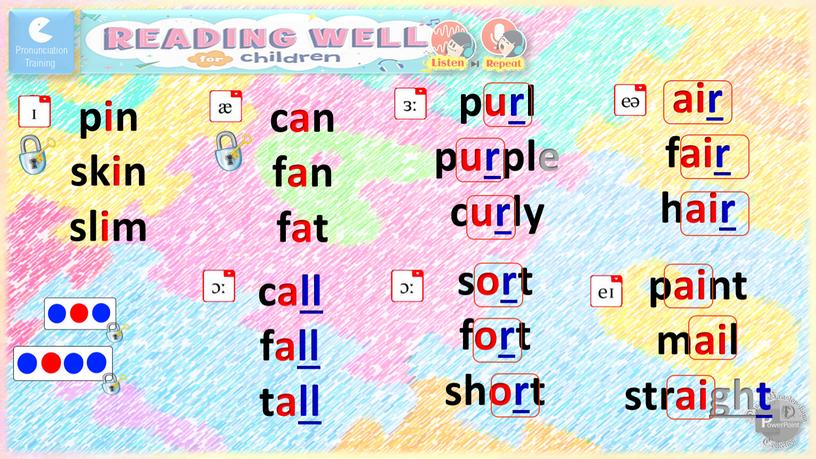 pin skin slim purl purple curly call fall tall sort fort short can fan fat air fair hair paint mail straight