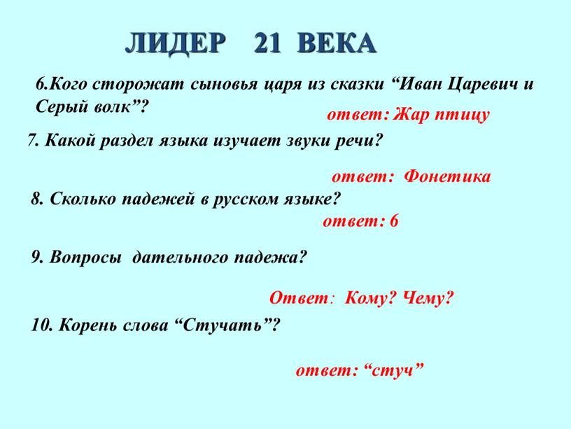 ЛИДЕР 21 ВЕКА 6.Кого сторожат сыновья царя из сказки “Иван