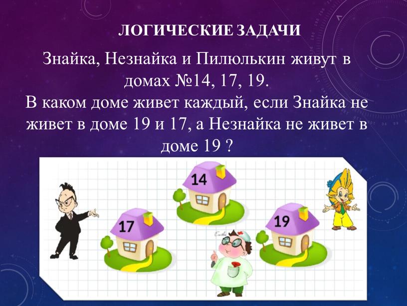 Знайка, Незнайка и Пилюлькин живут в домах №14, 17, 19