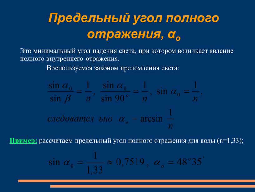 Предельный угол полного отражения, αо