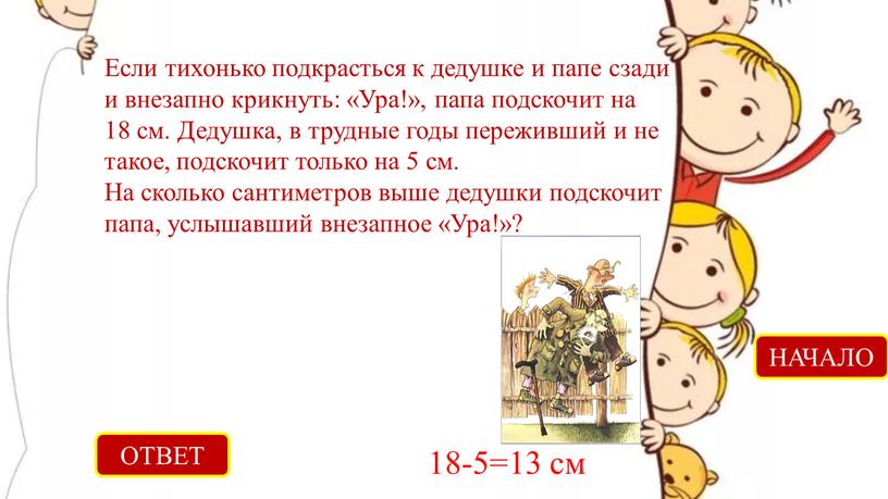 ОТВЕТ 18-5=13 см НАЧАЛО Если тихонько подкрасться к дедушке и папе сзади и внезапно крикнуть: «Ура!», папа подскочит на 18 см