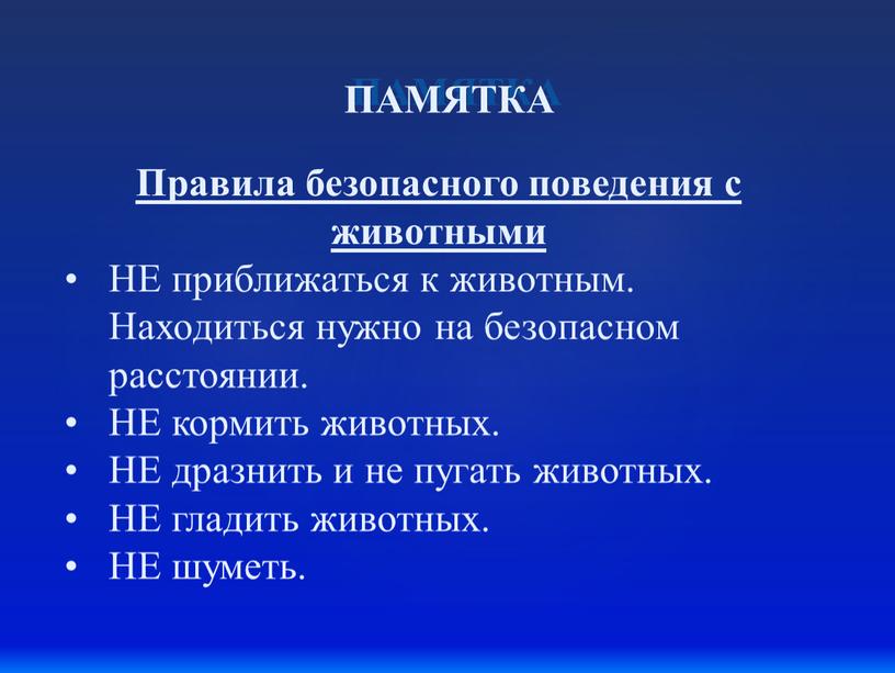 ПАМЯТКА Правила безопасного поведения с животными •