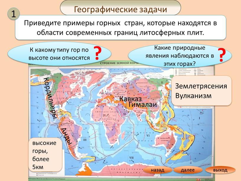 Географические задачи Приведите примеры горных стран, которые находятся в области современных границ литосферных плит