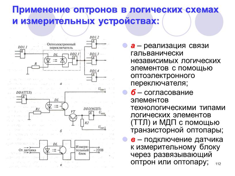 Применение оптронов в логических схемах и измерительных устройствах: а – реализация связи гальванически независимых логических элементов с помощью оптоэлектронного переключателя; б – согласование элементов технологическими…