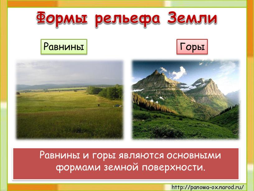Формы рельефа Земли Равнины и горы являются основными формами земной поверхности