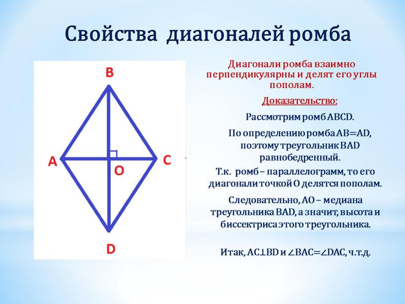 Свойства диагоналей ромба Диагонали ромба взаимно перпендикулярны и делят его углы пополам