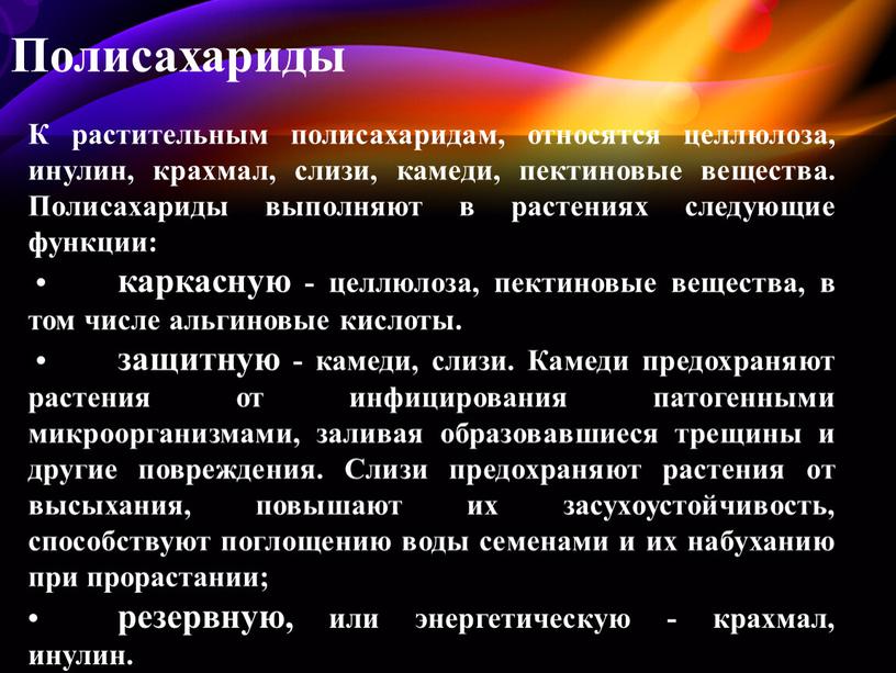 Полисахариды К растительным полисахаридам, относятся целлюлоза, инулин, крахмал, слизи, камеди, пектиновые вещества