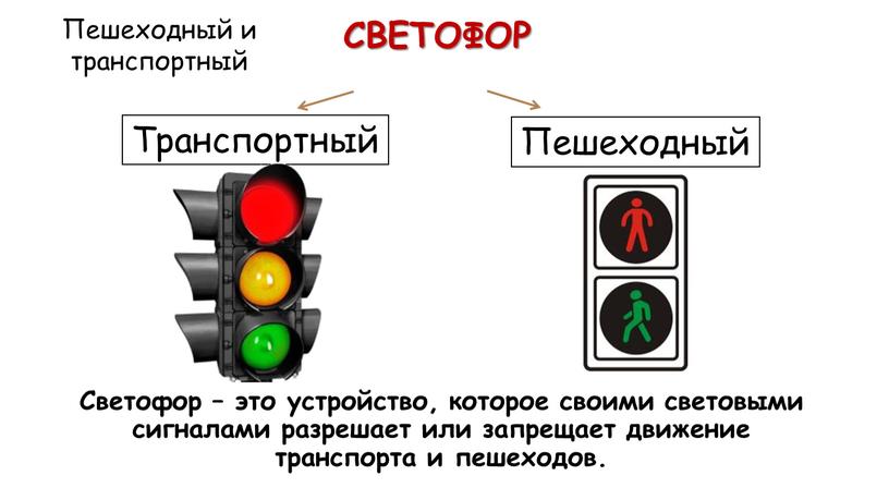 Светофор – это устройство, которое своими световыми сигналами разрешает или запрещает движение транспорта и пешеходов