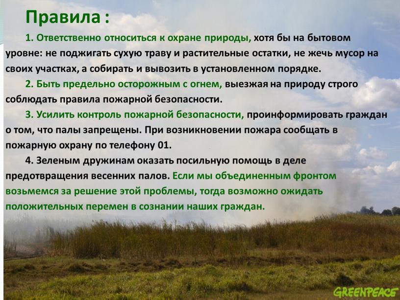 Правила : 1. Ответственно относиться к охране природы, хотя бы на бытовом уровне: не поджигать сухую траву и растительные остатки, не жечь мусор на своих…