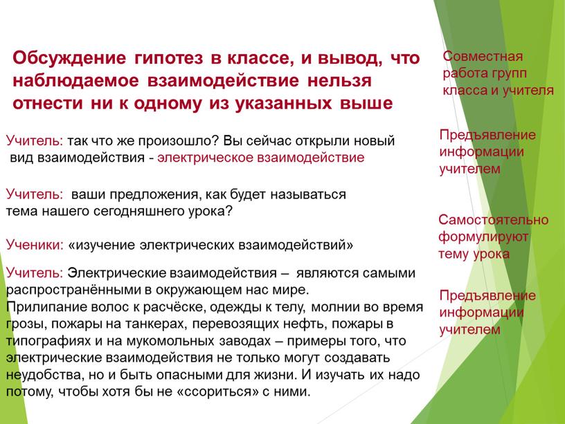 Обсуждение гипотез в классе, и вывод, что наблюдаемое взаимодействие нельзя отнести ни к одному из указанных выше