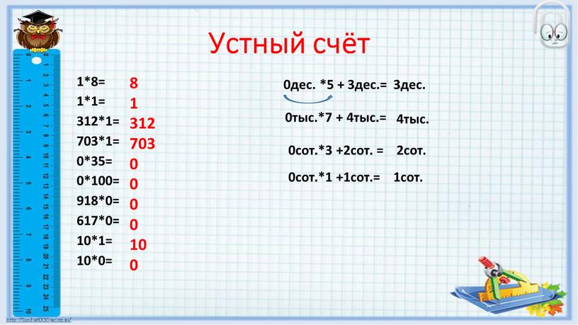 Устный счёт 1*8= 1*1= 312*1= 703*1= 0*35= 0*100= 918*0= 617*0= 10*1= 10*0= 8 1 312 703 0 0 0 0 10 0 0дес