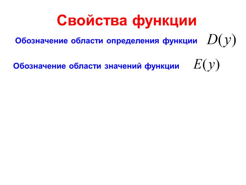 Свойства функции Обозначение области определения функции