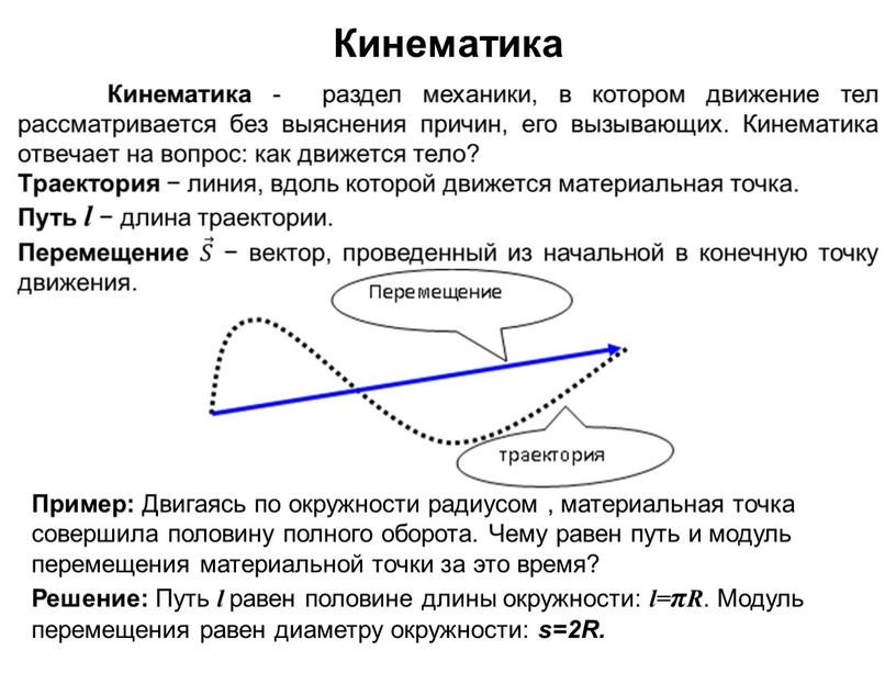 Кинематика Пример: Двигаясь по окружности радиусом , материальная точка совершила половину полного оборота