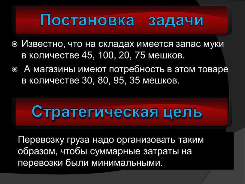 Постановка задачи Известно, что на складах имеется запас муки в количестве 45, 100, 20, 75 мешков