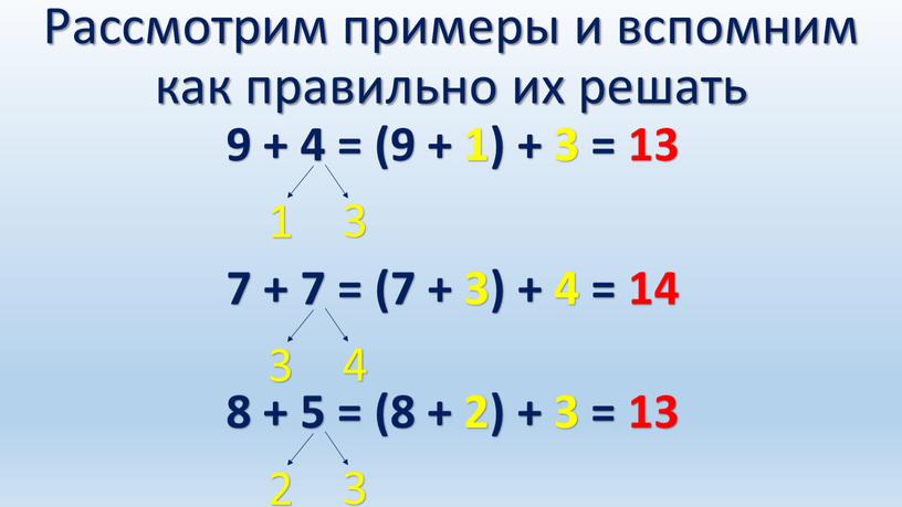 Рассмотрим примеры и вспомним как правильно их решать 9 + 4 = (9 + 1) + 3 = 13 1 3 7 + 7 =…