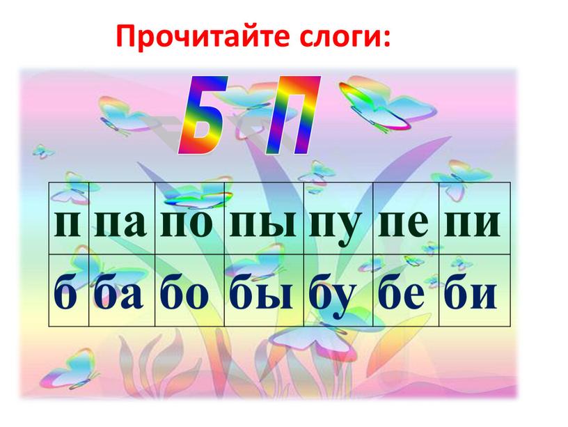 Прочитайте слоги: п па по пы пу пе пи б ба бо бы бу бе би