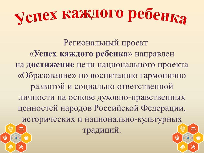 Региональный проект « Успех каждого ребенка » направлен на достижение цели национального проекта «Образование» по воспитанию гармонично развитой и социально ответственной личности на основе духовно-нравственных…