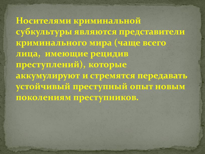 Носителями криминальной субкультуры являются представители криминального мира (чаще всего лица, имеющие рецидив преступлений), которые аккумулируют и стремятся передавать устойчивый преступный опыт новым поколениям преступников