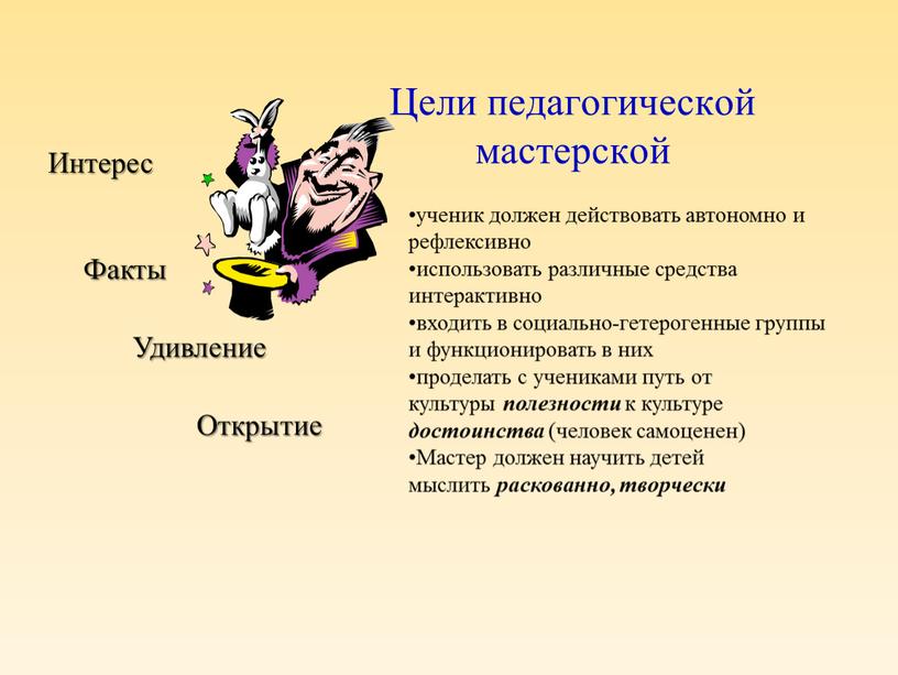 Цели педагогической мастерской ученик должен действовать автономно и рефлексивно использовать различные средства интерактивно входить в социально-гетерогенные группы и функционировать в них проделать с учениками путь…