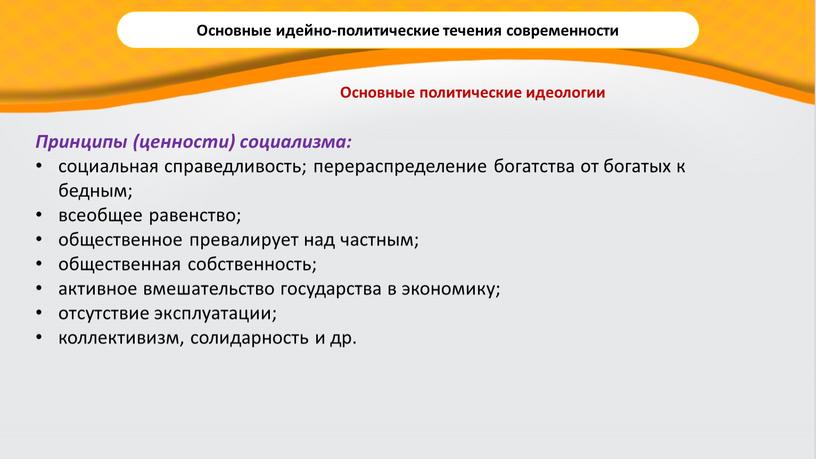 Принципы (ценности) социализма: социальная справедливость; перераспределение богатства от богатых к бедным; всеобщее равенство; общественное превалирует над частным; общественная собственность; активное вмешательство государства в экономику; отсутствие…