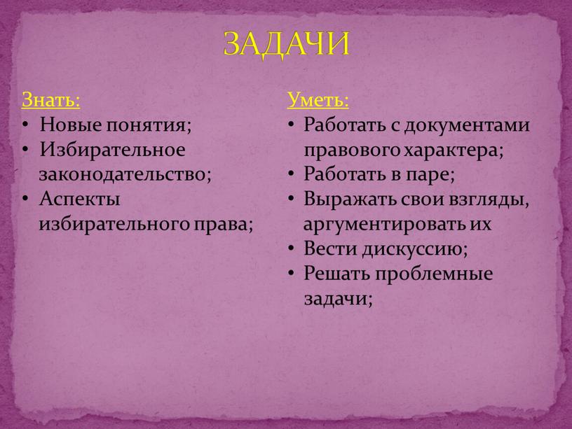 ЗАДАЧИ Знать: Новые понятия; Избирательное законодательство;