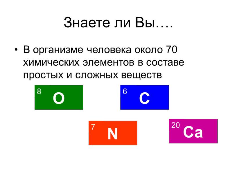 Знаете ли Вы…. В организме человека около 70 химических элементов в составе простых и сложных веществ