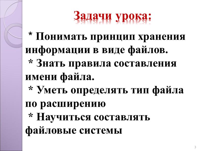 Задачи урока: * Понимать принцип хранения информации в виде файлов