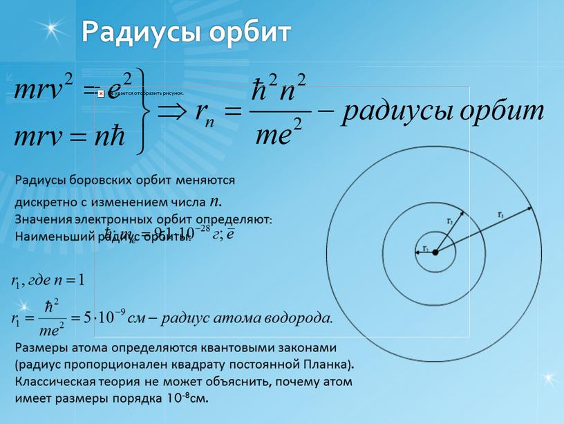 Радиусы орбит Радиусы боровских орбит меняются дискретно с изменением числа n