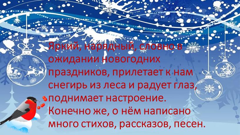 Яркий, нарядный, словно в ожидании новогодних праздников, прилетает к нам снегирь из леса и радует глаз, поднимает настроение