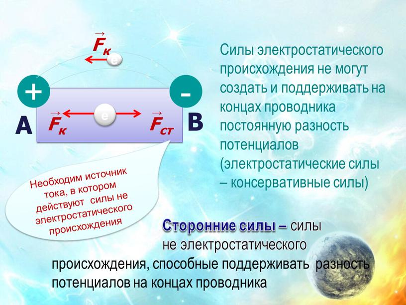 Силы электростатического происхождения не могут создать и поддерживать на концах проводника постоянную разность потенциалов (электростатические силы – консервативные силы)