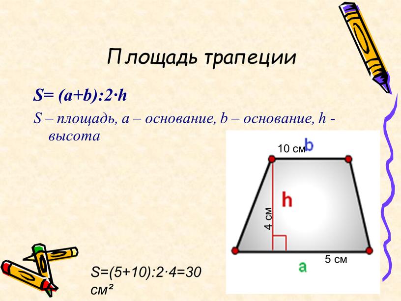 Площадь трапеции S= (a+b):2·h S – площадь, a – основание, b – основание, h - высота