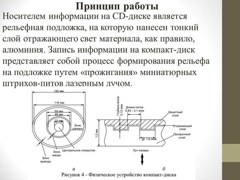 Носителем информации на CD-диске является рельефная подложка, на которую нанесен тонкий слой отражающего свет материала, как правило, алюминия