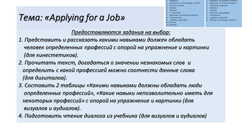 Тема: «Applying for a Job» Предоставляются задания на выбор: 1