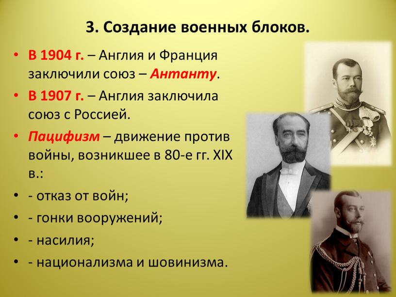 Создание военных блоков. В 1904 г