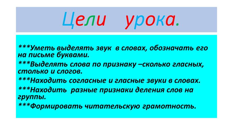 Цели урока. ***Уметь выделять звук в словах, обозначать его на письме буквами