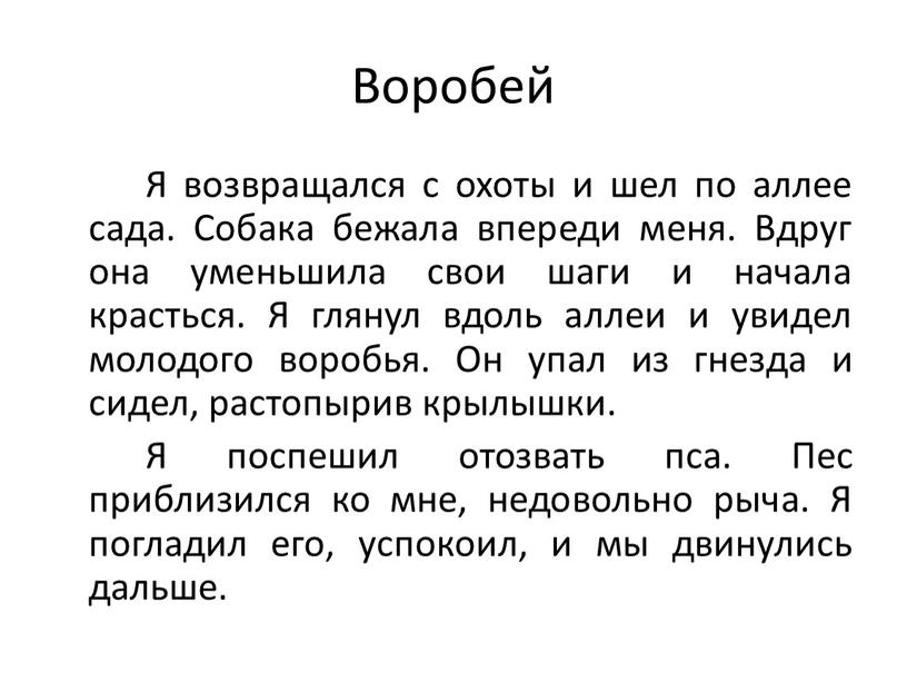 Воробей Я возвращался с охоты и шел по аллее сада