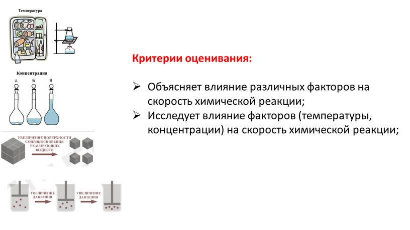 Критерии оценивания: Объясняет влияние различных факторов на скорость химической реакции;