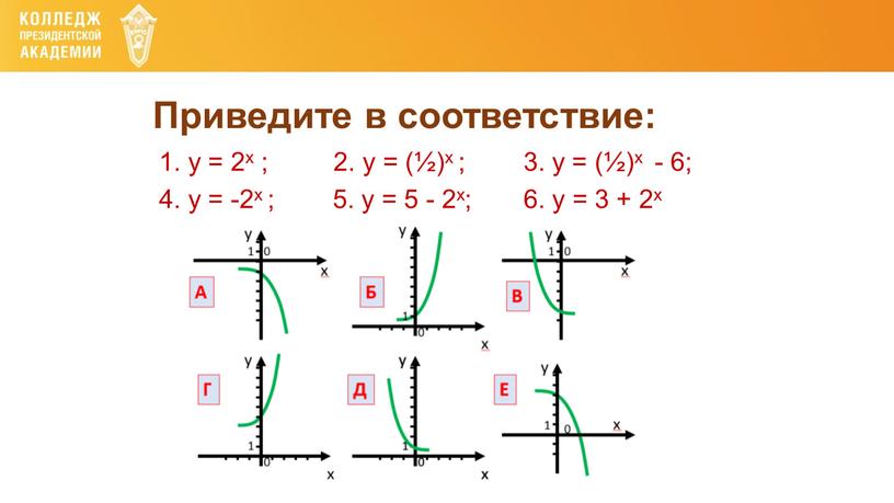 Приведите в соответствие: 1. y = 2x ; 2