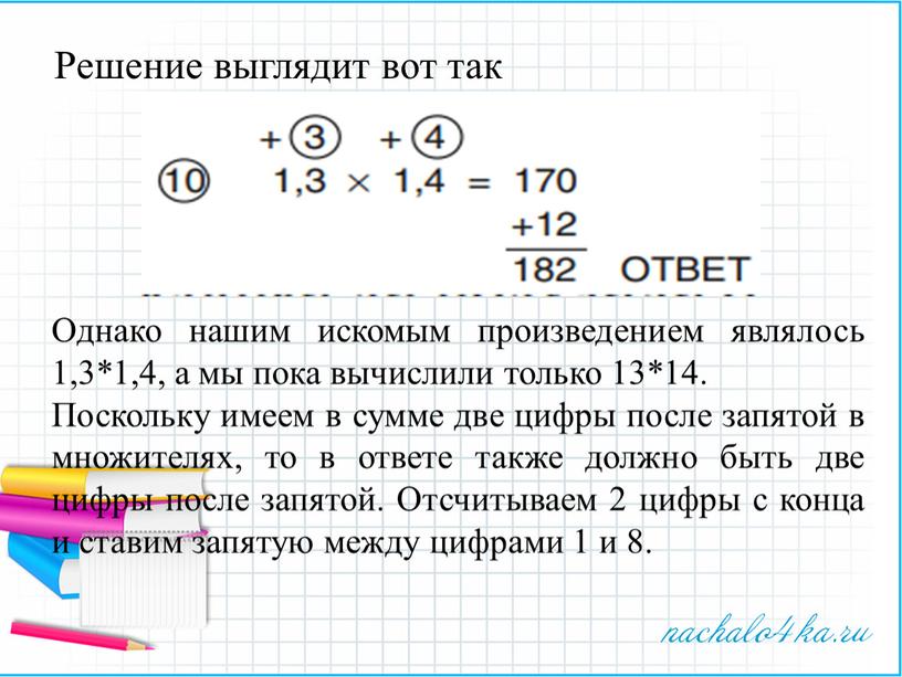 Решение выглядит вот так Однако нашим искомым произведением являлось 1,3*1,4, а мы пока вычислили только 13*14