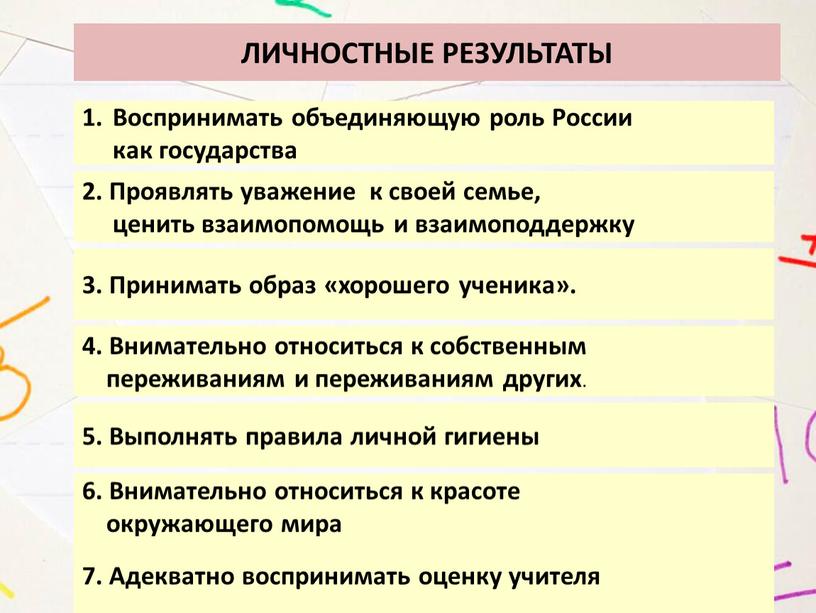 ЛИЧНОСТНЫЕ РЕЗУЛЬТАТЫ Воспринимать объединяющую роль