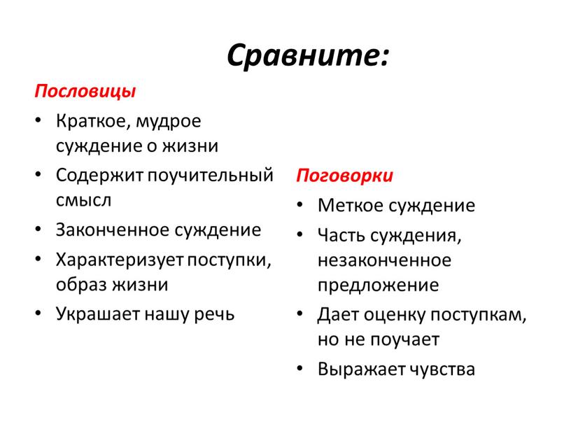 Сравните: Пословицы Краткое, мудрое суждение о жизни