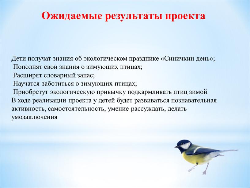 Дети получат знания об экологическом празднике «Синичкин день»;