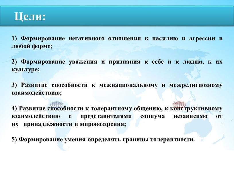 Цели: 1) Формирование негативного отношения к насилию и агрессии в любой форме; 2)