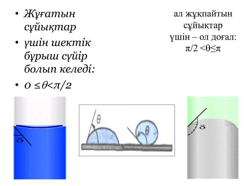 Жұғатын сұйықтар үшiн шектiк бұрыш сүйiр болып келедi: 0 ≤<π/2 ал жұқпайтын сұйықтар үшiн – ол доғал: π/2 <≤π