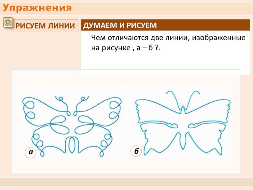 Упражнения Чем отличаются две линии, изображенные на рисунке , а – б ?