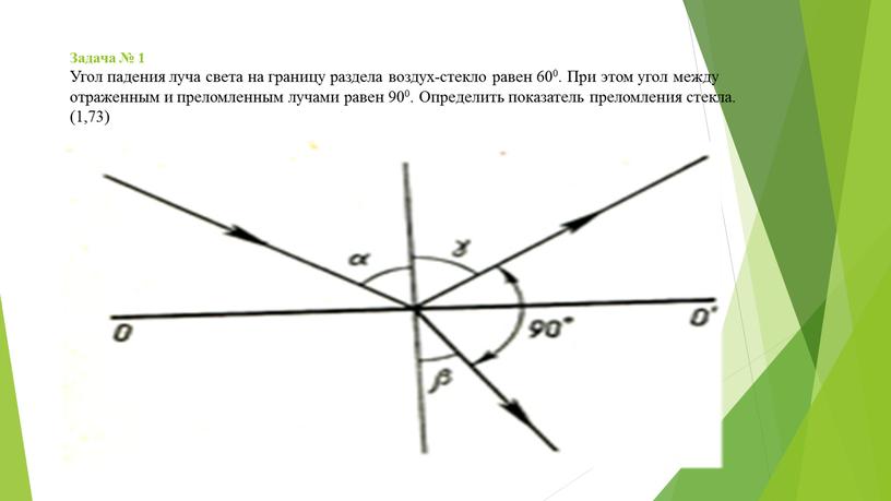 Задача № 1 Угол падения луча света на границу раздела воздух-стекло равен 600