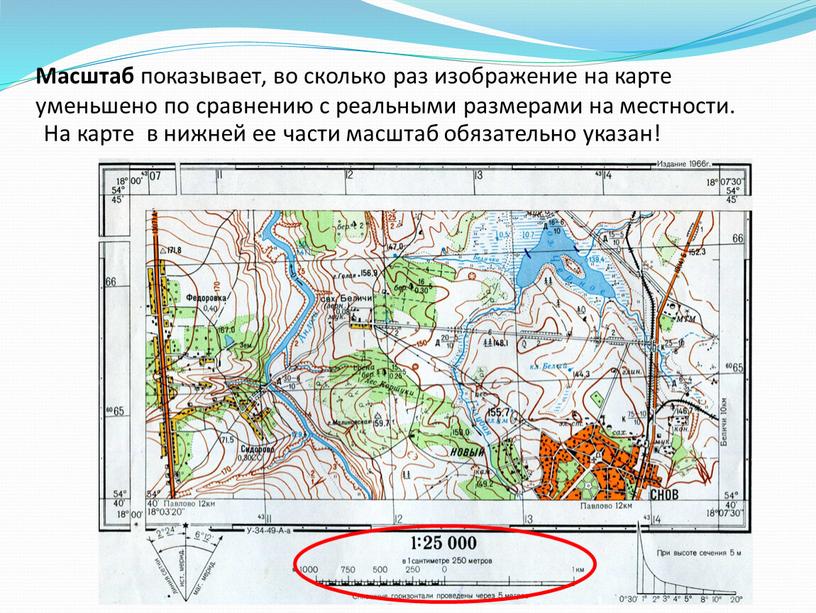 Масштаб показывает, во сколько раз изображение на карте уменьшено по сравнению с реальными размерами на местности