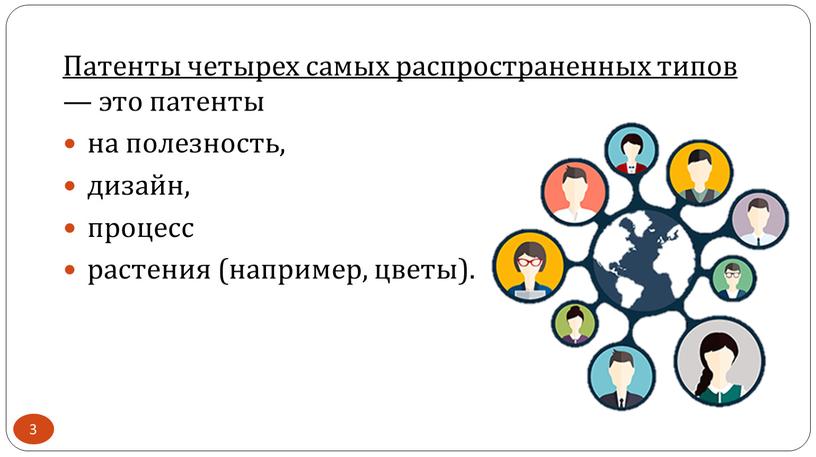 Патенты четырех самых распространенных типов — это патенты на полезность, дизайн, процесс растения (например, цветы)