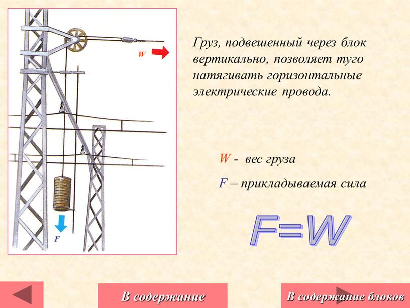 Груз, подвешенный через блок вертикально, позволяет туго натягивать горизонтальные электрические провода